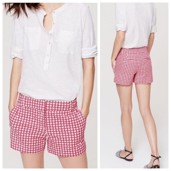 LOFT Geo Riviera Pink Printed Linen Shorts - Picture 1 of 5